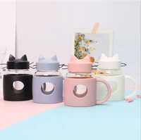 cute kitten plastic cup mini water bottle with cover handle anti scalding anti falling small fresh style simple milk coffee cup