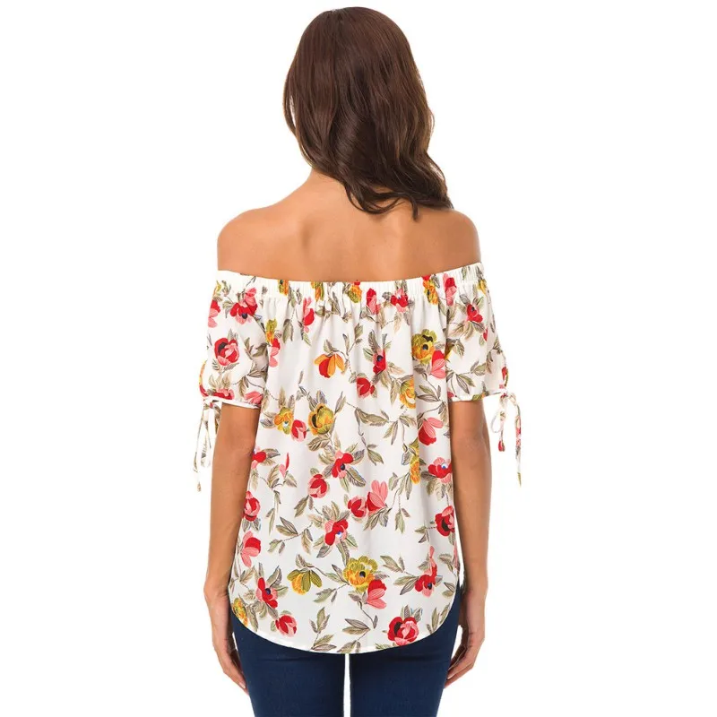 

Sexy Off Shoulder Print Floral Chiffon Women's Blouse Female Summer Ruffles Blouse Women Elegant Top