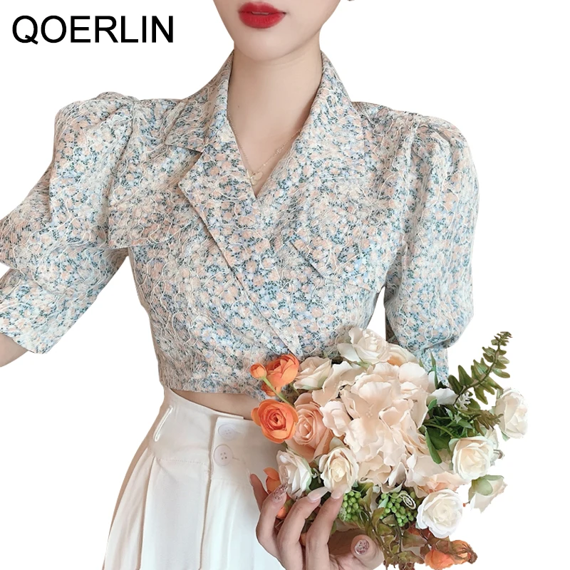 

QOERLIN Sexy Hollow Out Waist Shirts Women Puff Sleeve Temperament Shirt Lace Shirt Cropped Top Female Summer Lapel Collar Slim