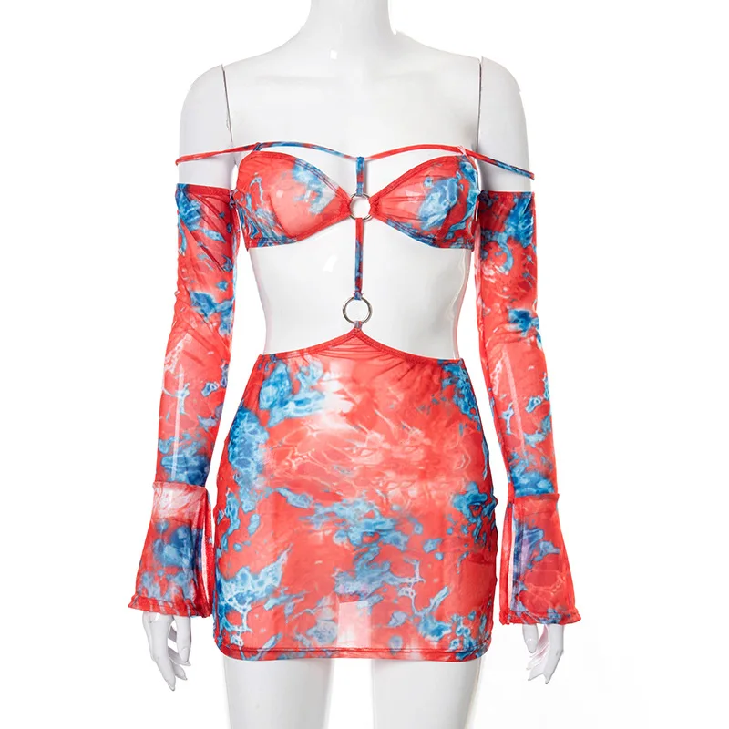 

2021 Off-Shoulder Vintage Print Stripe Backless Mini Dress Summer Women Sexy Club Streetwear Summer Vacation Outifits Wear