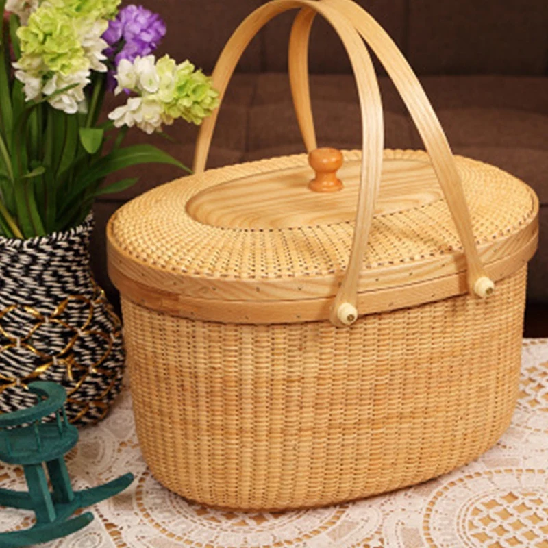

Basket with Lid, Picnic Basket, Shopping Basket, Rattan Basket, Double Handle Storage Basket