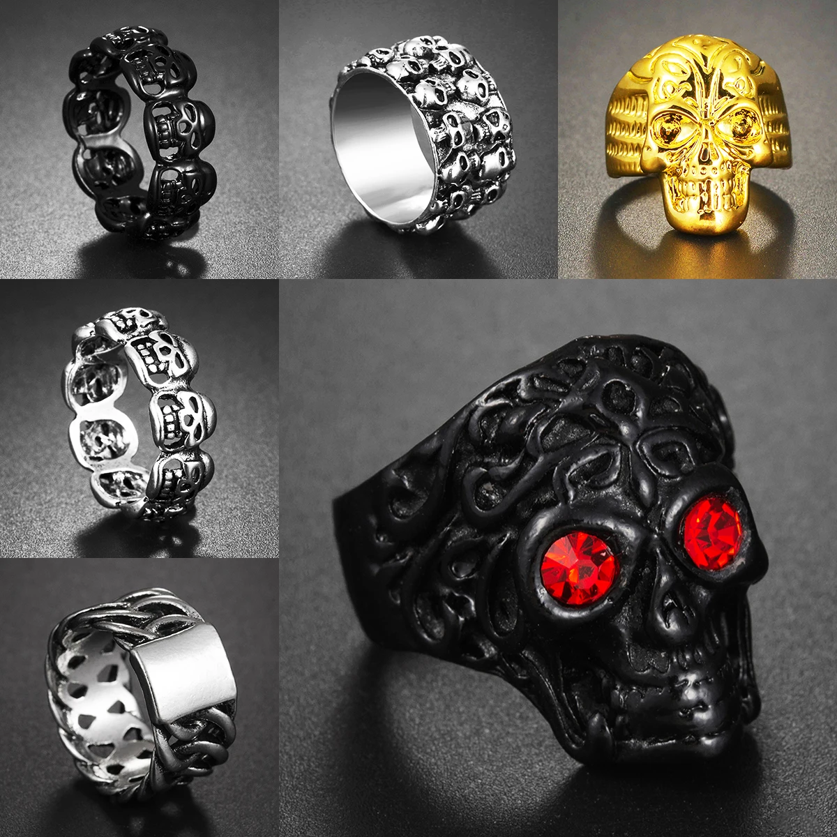 

Vintage Men's Gothic Black Silver Color Skeleton Skull Ring Rock Biker Link Rings for Mens Punk Jewelry High Quality