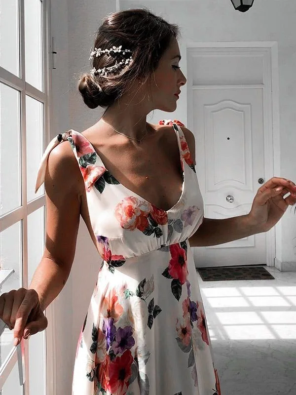 Платье-макси летнее Плиссированное с цветочным принтом и бантом | Женская одежда