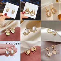 925 silver needle opal earrings korean temperament geometric square diamond earrings net red simple earrings