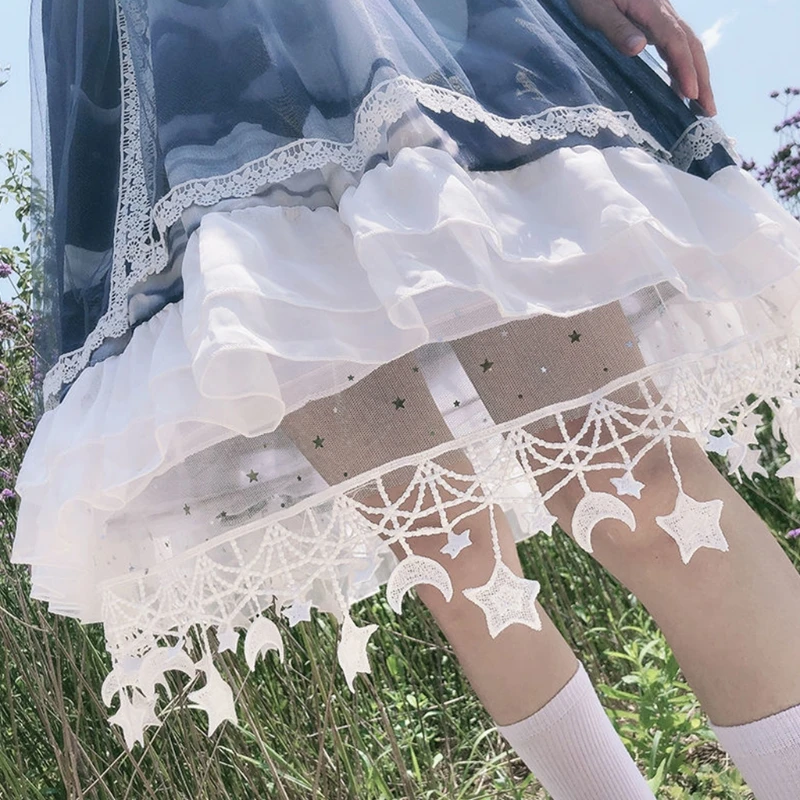 

Women Lolita White Tulle Petticoat Skirt Sweet Moon Star Fringe Tassel Hem Adjustable 2 Hoops Underskirt Prom Crinoline