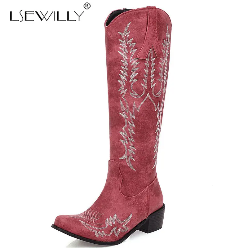 Lsewilly 2019 осенние модные ковбойские высокие сапоги до колена с вышивкой на блочном