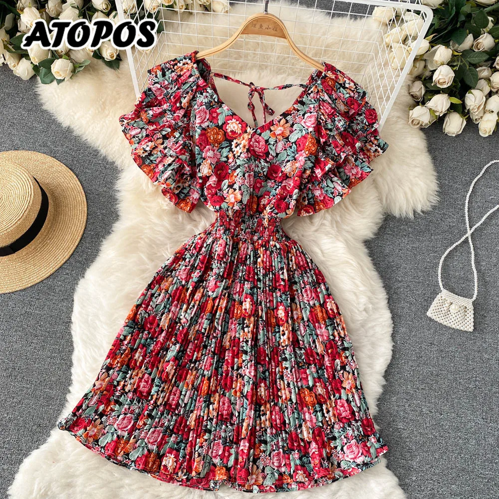 

Atopos Sweet Floral Ruffle Mini Dress Summer Women V Neck High Waist Short Dresses Beach Holiday Vestidos Sundress New Year 2022