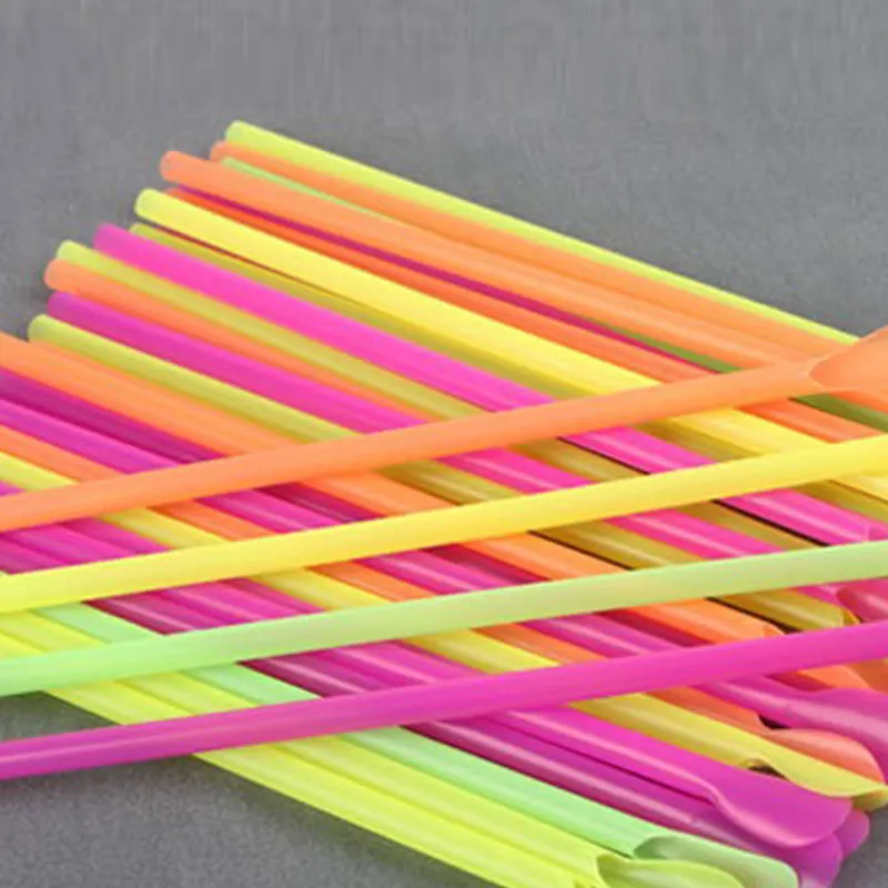 

50pcs Plastic Drinking Straws Spoon Colorful Disposable Tea Tools Straw Eco Friendly Washable Bar Kitchen Supplies Accessory