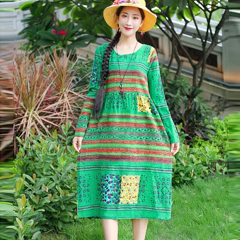 

Women Cotton Linen Casual Dress New Arrival 2021 Spring Arts Style Vintage Print O-neck Loose Female Holiday Long Dresses D021