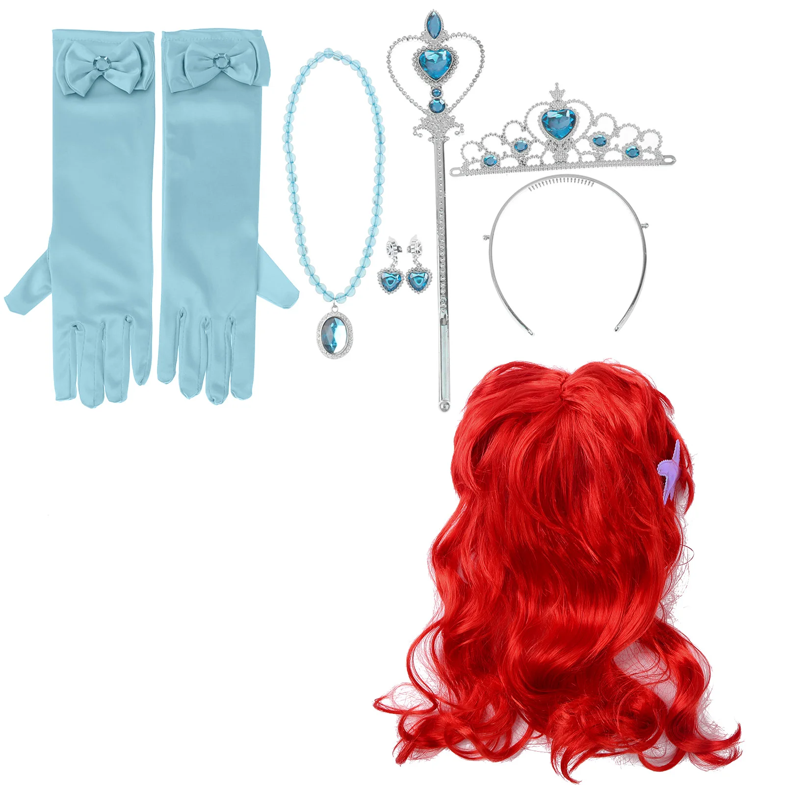 

Детский Костюм Русалки для девочек, длинный волнистый красный парик, корона, тиара, палочка, набор для Хэллоуина