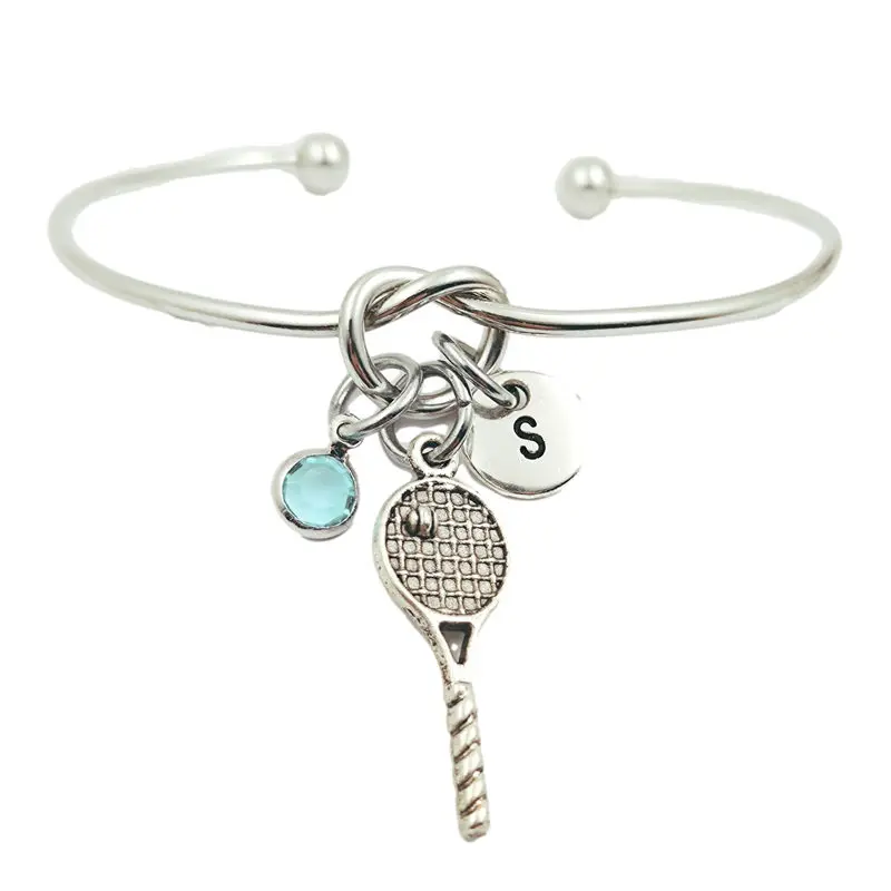 Tennis Racket Beautiful Creative Initial Letter Monogram Birthstone Adjustable Bracelet Fashion Jewelry Women Gift Pendant