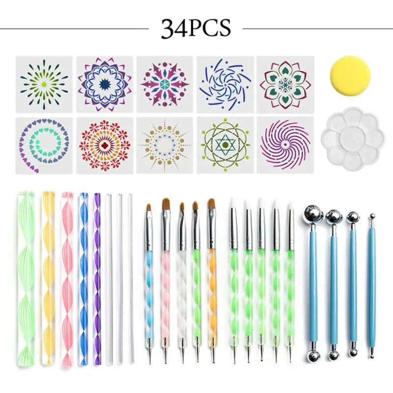 

34pcs Mandala Dotting Tools Set for Painting Rock Stencil Acrylic Stick Drawing Brush Palette Sponge