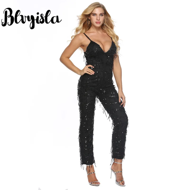 Женский Длинный комбинезон Blvyisla черный с пайетками и глубоким v образным