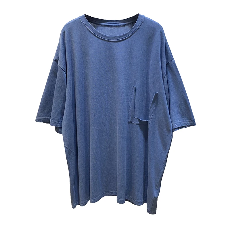 

Personalized Ripped Pocket Summer round Neck Wrinkles at Shoulder Short Sleeve T-shirt Women's Half Sleeves Loose Top Fashion