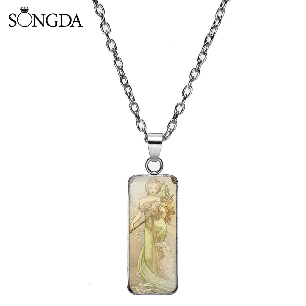 

Classic Alphonse Mucha Painting Art Print Glass Cabochon Necklaces Rectangular Pendants Handmade Jewelry Necklace For Women Gift