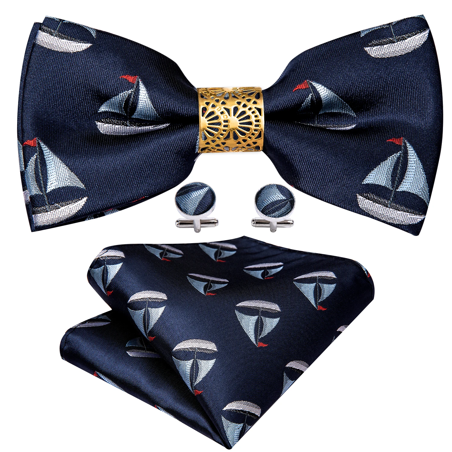 

Модный Темно-Синий Шелковый галстук-бабочка для мужчин, свадебный аксессуар, регулируемая бабочка, ручная работа, съемное Золотое кольцо, н...
