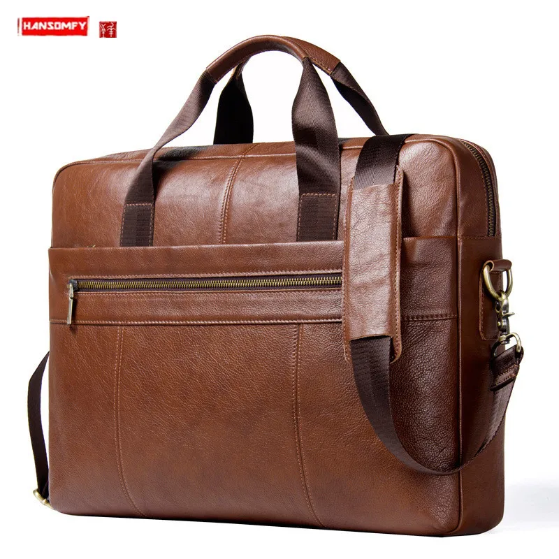 Leather Shoulder-Bag Messenger Bag Full-Grain Leather Men's 15.6-Inch Computer Business Briefcase