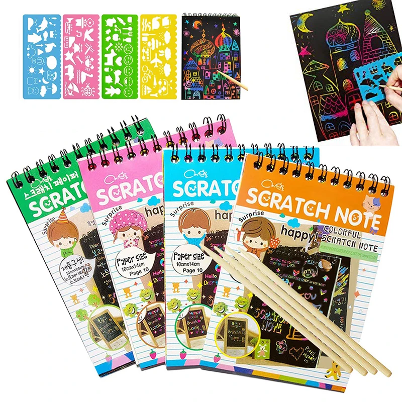 

Children DIY Scratch Painting Note 10 sheets Magic Color Rainbow Scratch Art Paper Cards with Graffiti Stencil Kdis Drawing Toy