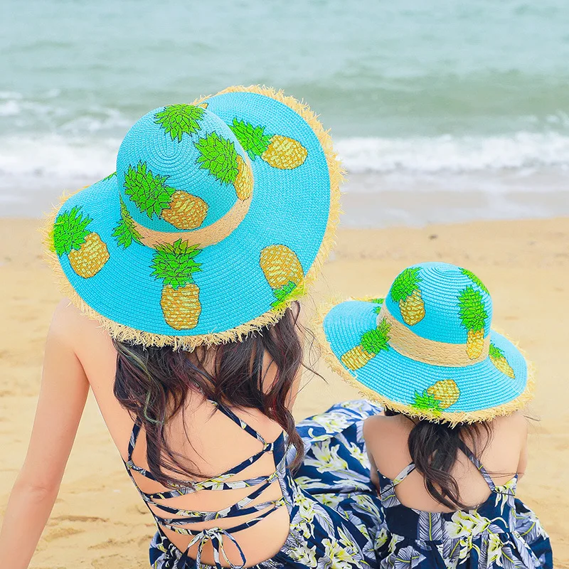 

2021 New National WindGraffiti Hand-painted Pineapple Straw Hat Female Summer Holiday Vacation Beach Shade Parent-child Hats