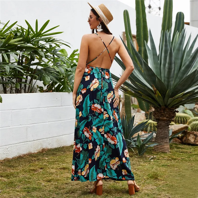 

Plus Size Beach Style Women Print Maxi Dress 2020 Summer Sexy V-neck Spaghetti Straps Dress