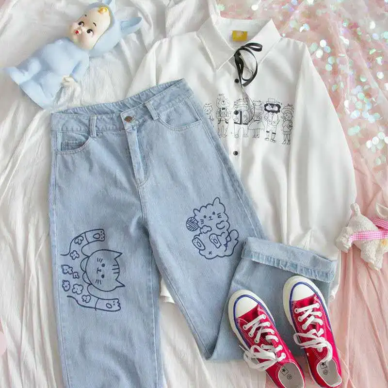 

Harajuku Fashion Cotton Women Denim Jeans High Waist Curled Denim Straight Pants Sweet Cute Puppy Embroidery Girl Denim Trousers