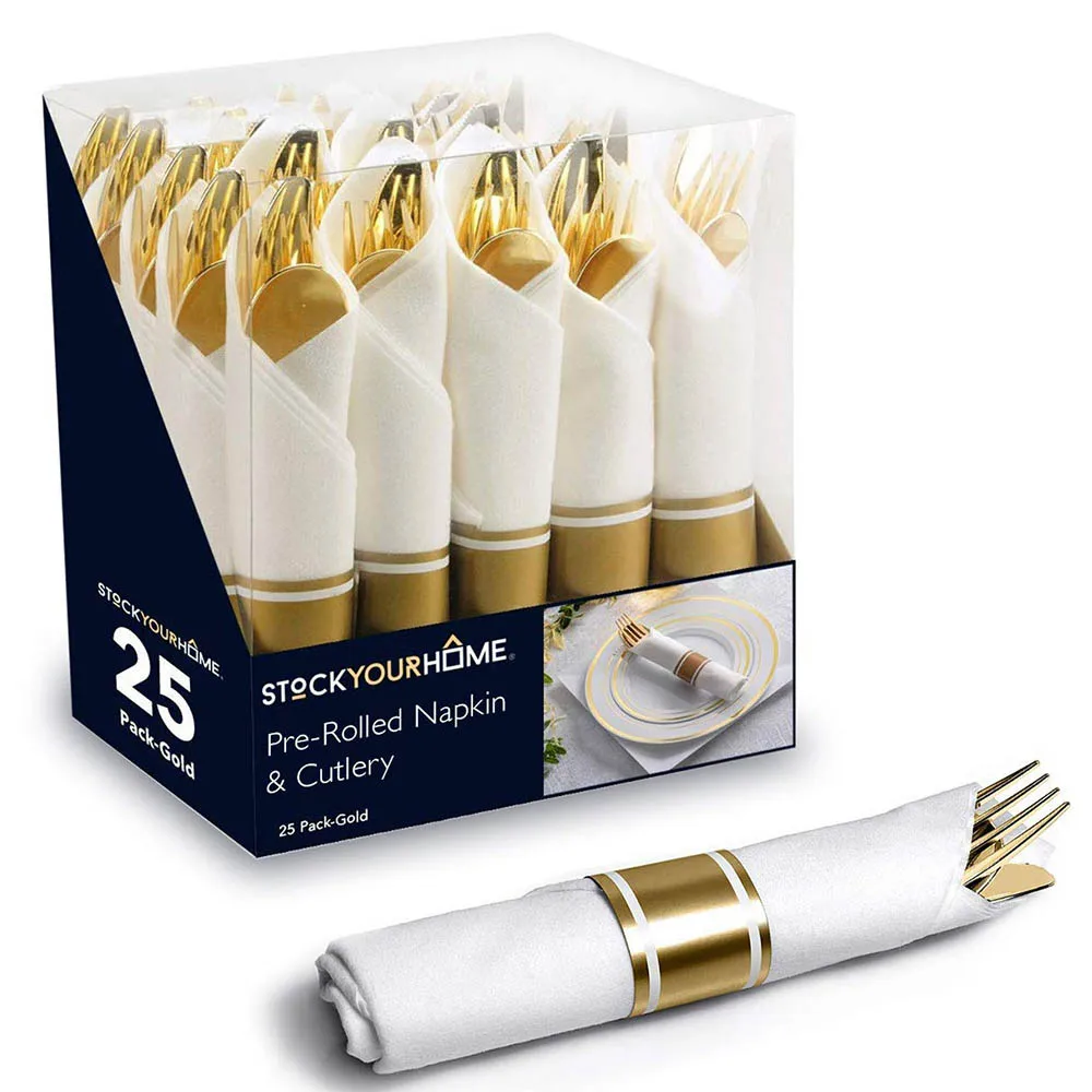 

Pre-Rolled Napkin and Cutlery Set 25-Piece Disposable Silverware Suitable for Catering Events Parties and Weddings (Gold)