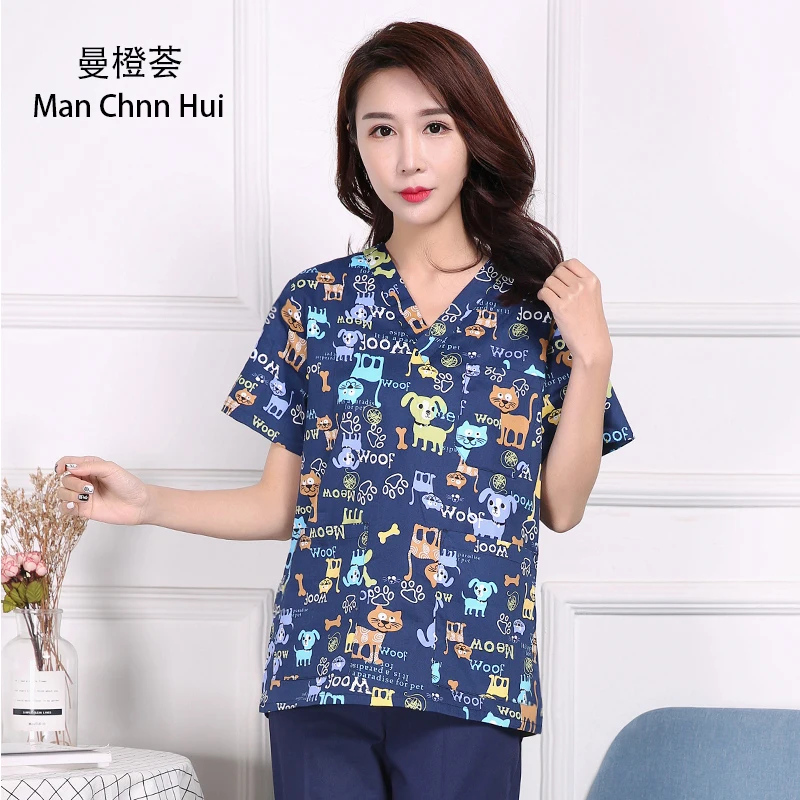 Ветеринарная униформа топы для женщин топ врачей скрабы синие цветы принт собаки