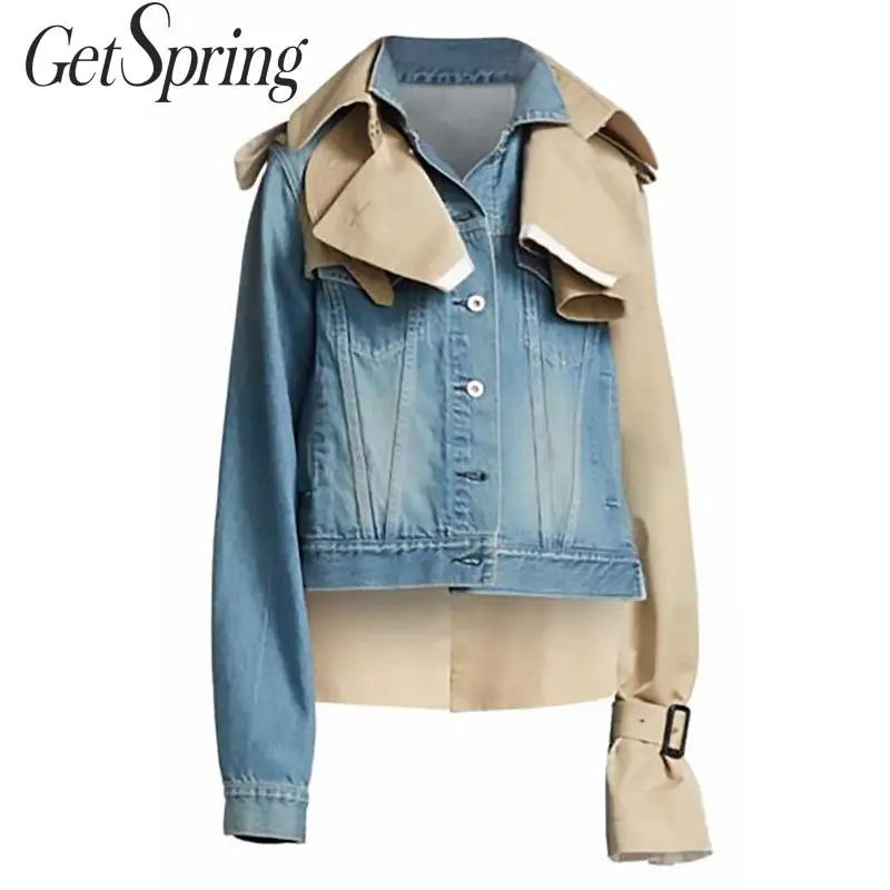 Getвесенние женские джинсовые куртки пэчворк с длинным рукавом шорты