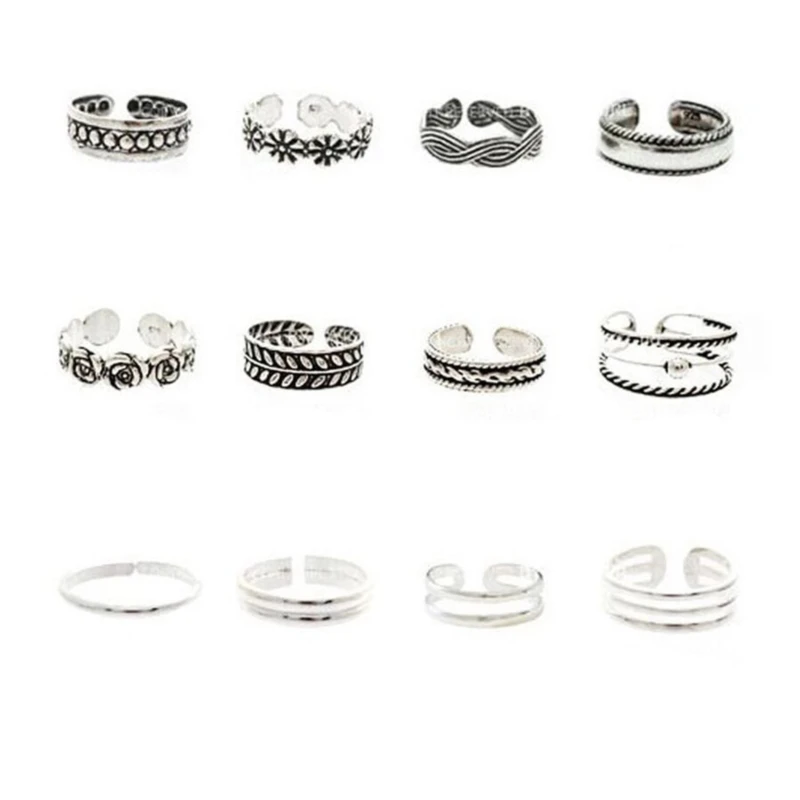 

12pcs Rings Lady Unique Adjustable Opening Finger Ring Retro Carved Toe Ring Foot Beach Foot Jewelry