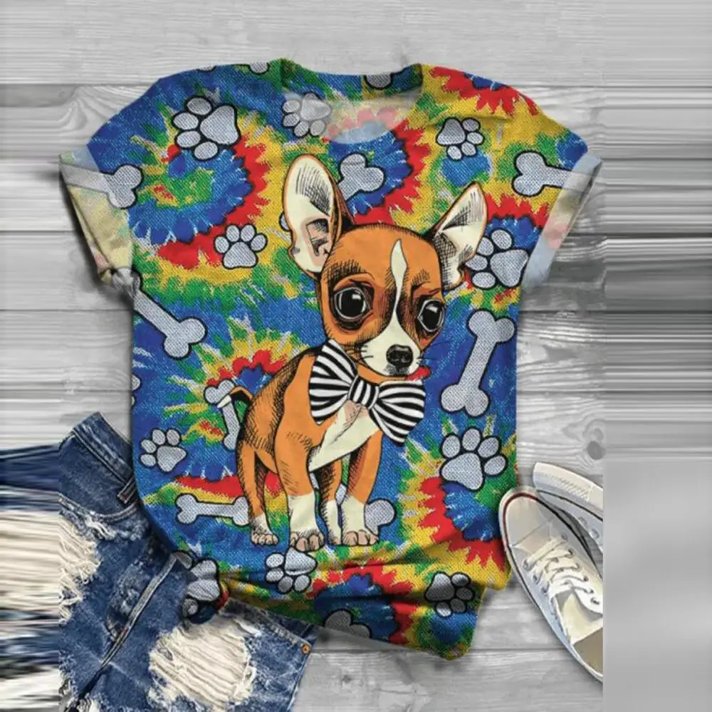 Футболка женская с круглым вырезом модный топ рисунком овец собак кошек коротким