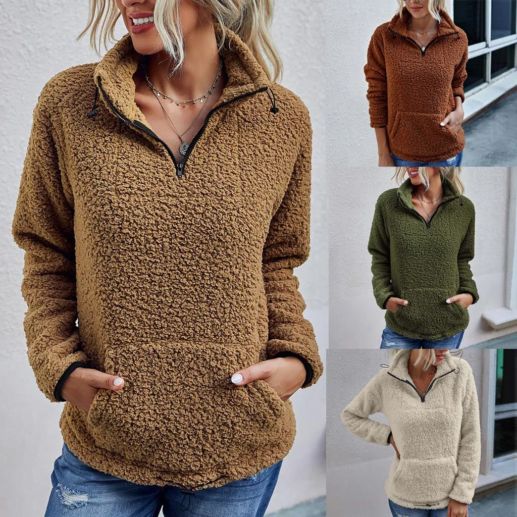 Зимние женские модные пушистые однотонные сохраняющие тепло толстовки на молнии