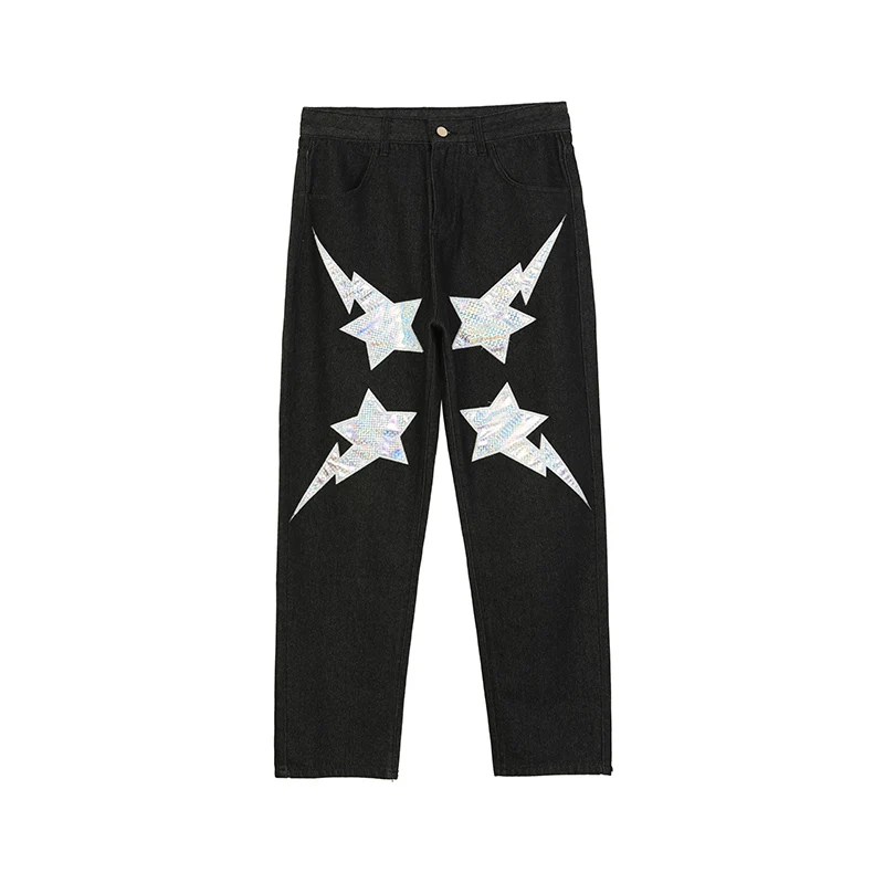 

High Street Stars Letter Embroidery Denim Pants Mens and Womens Washed Retro Straight Jeans Hip Hop Casual Trousers