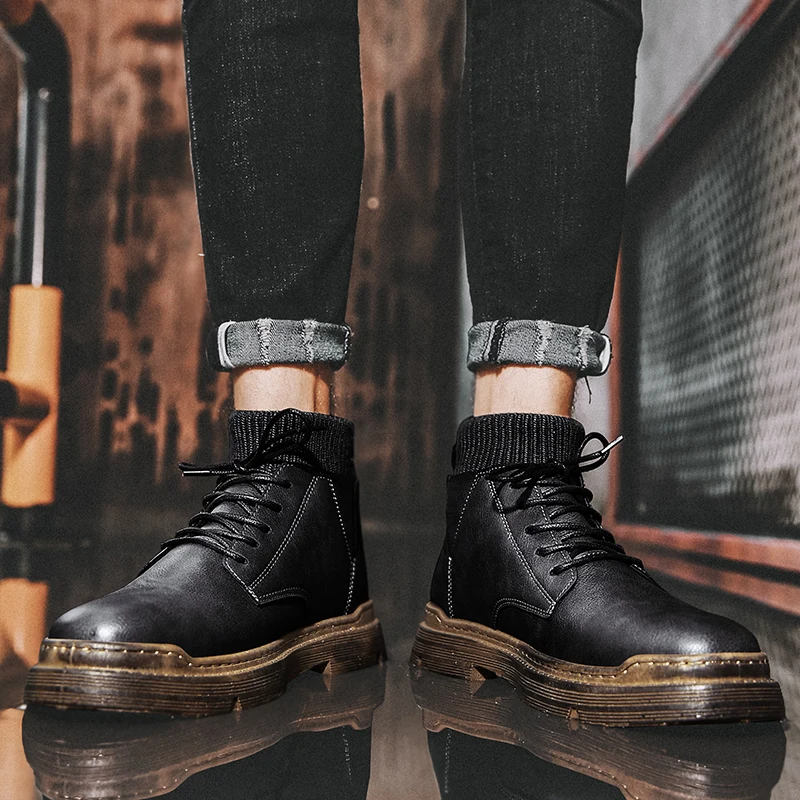 

Men's Mid-Top Leather Boots Winter Fashion Casual Microfiber Leather Rubber Shoes Waterproof Non-Slip Male Flat Boot