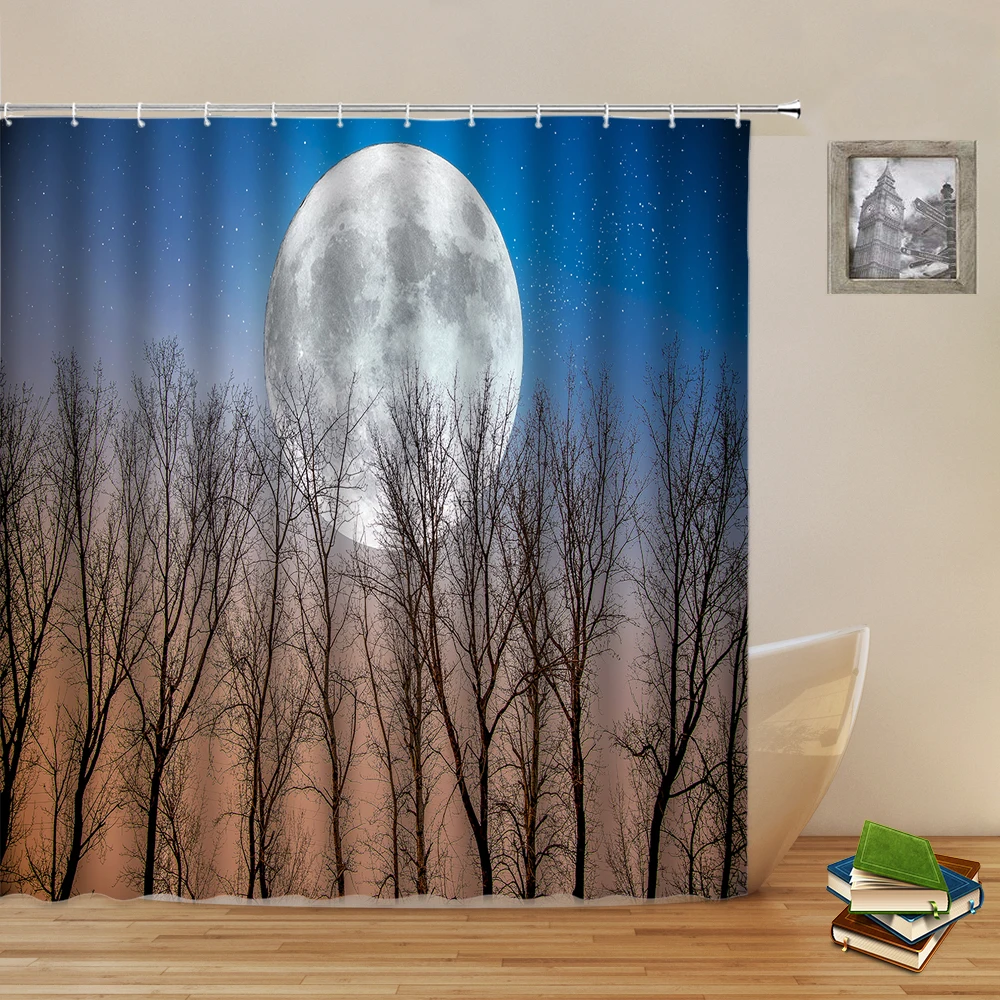 

Занавеска для душа с природным пейзажем, s закат, светящийся озер, пейзаж, ночное звездное небо, водонепроницаемая штора, декор для ванной ко...