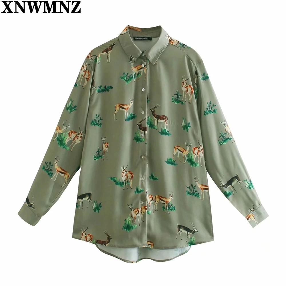 

XNWMNZ Za 2021 Women Vintage Stylish Animal Print Blouses Fashion Lapel Collar Long Sleeve Female Shirts Blusas Mujer Chic Tops