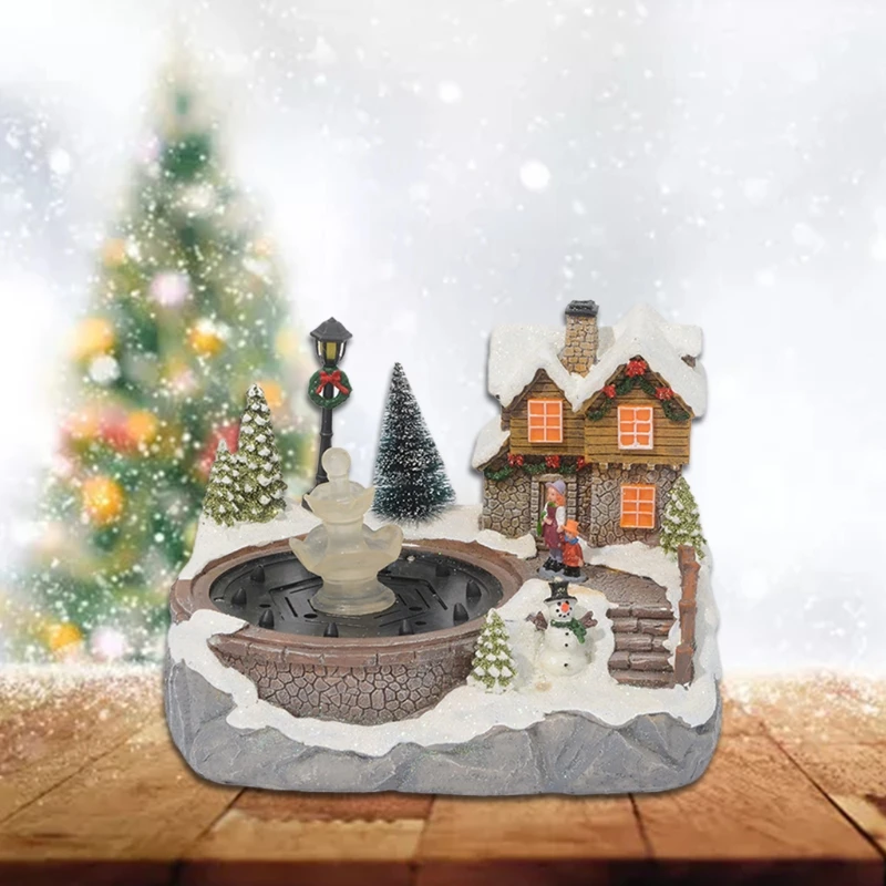 

Christmas Village Scene Ornament Colorful LED Lighted Resin Snow House Music Water Fountain Animated Statues Figurine Desktop