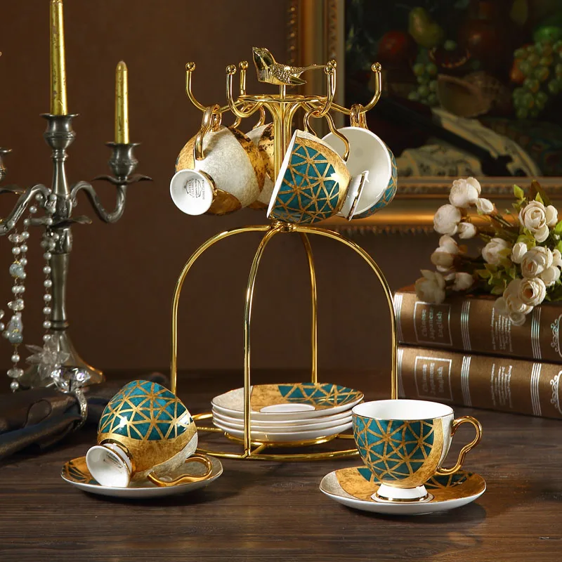 6Cup set Европейская Высококачественная чашка для кофе из костяного фарфора, Золотая инкрустация, фарфоровый чайный сервиз, чашка для послеобеденного чая, кастрюля, сахарница, чайная посуда - Цвет: 6Cup set