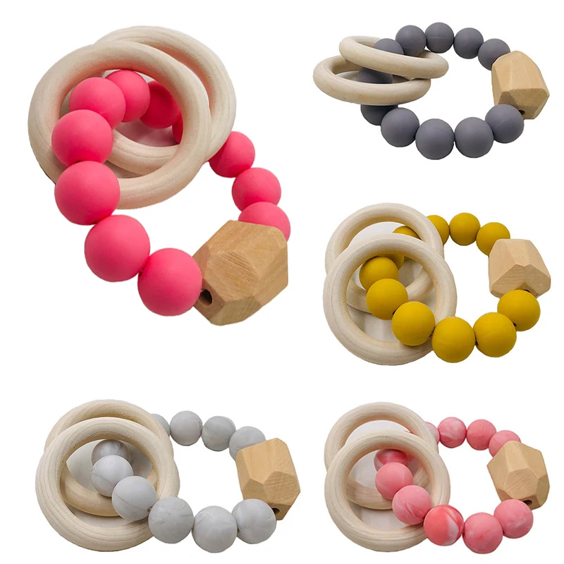

Silicone Bead Baby Teeth Chew Bracelet Organic Wooden Ring Natural Teething Grasping Toy Newborn Toddler Teether DIY Baby Gift