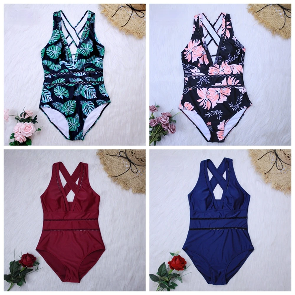 

2021 Women One Piece Swimsuits Monokini Sexy Hollow Out Mesh Deep V Neck Plunge Bathing Suit Backless Bodysuit Plus Size Beach
