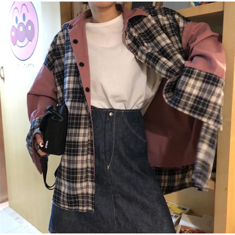 Harajuku стиль куртка оверсайз Женщины обе стороны могут носить хип хоп Уличная плед пальто пэчворк и куртки женщины