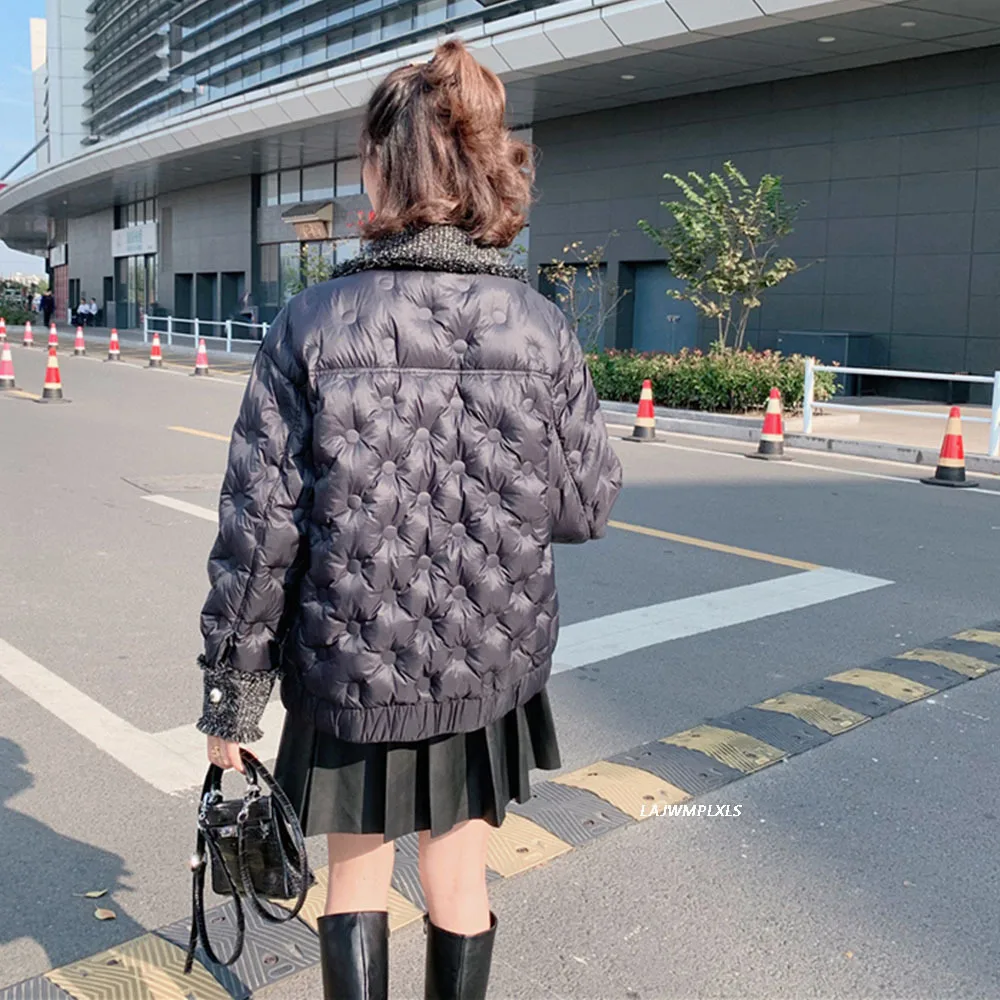 

Winter Lightweight Tweed Warm Down Jacket Women's 90% White Duck Down Coat Outerwear Abrigo Mujer Black Casual Parkas