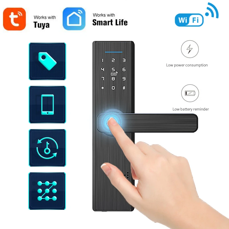 

Wifi Electronic Smart Door Lock With Tuya App, Security Biometric Fingerprint Lock Password RFID Card