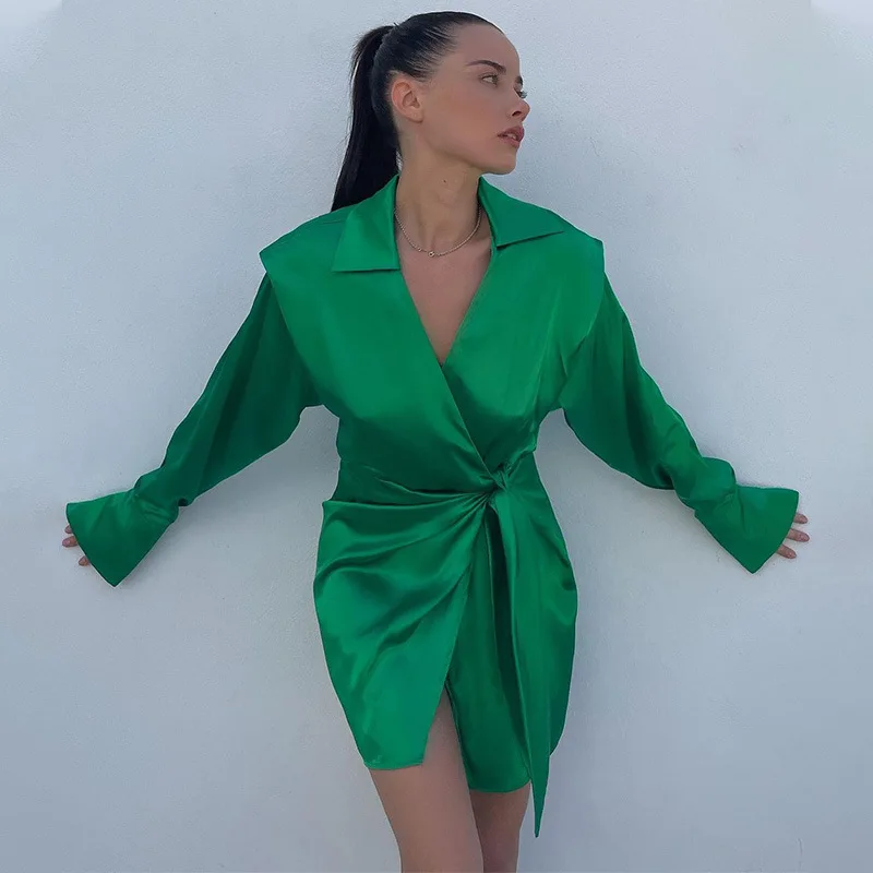 

Summer Satin Dress Women Deep V-neck Long Sleeve Belt Bow Mini Dress Sexy Party Dresses 2022 Club Night Dresses