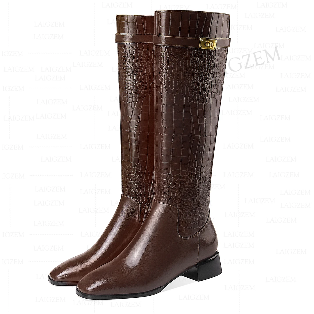 

LAIGZEM Women Knee High Boots Real Leather+ Synthetic Mid Heels Side Zip Tall Boots Square Toe Winter Shoes Woman Size 39 40 42