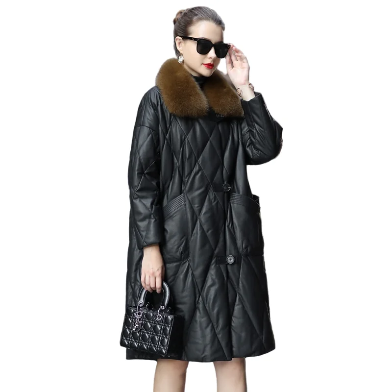 Leather Down Jacket Women's Winter Medium Length Loose Large Sheepskin Coat Fox Fur Collar Coat Warm Outerwear