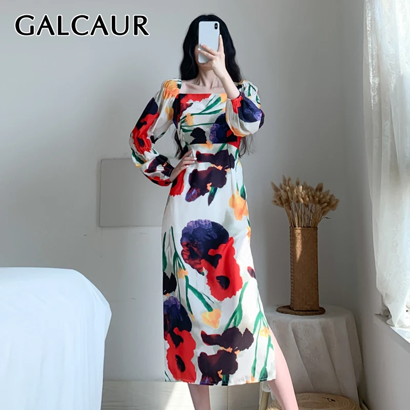 

GALCAUR Print Floral Casual Dress For Women Square Collar Puff Long Sleeve Colorblock Elegant Mid Dresses Female 2021 Autumn New