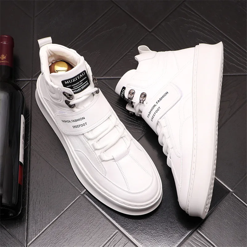 Murah Sneakers Punk Datar Pria Eropa Sepatu Kasual Pria Kulit Atasan Tinggi Mewah Sepatu Bot Pergelangan Kaki Hip Hop Zapatillas Hombre
