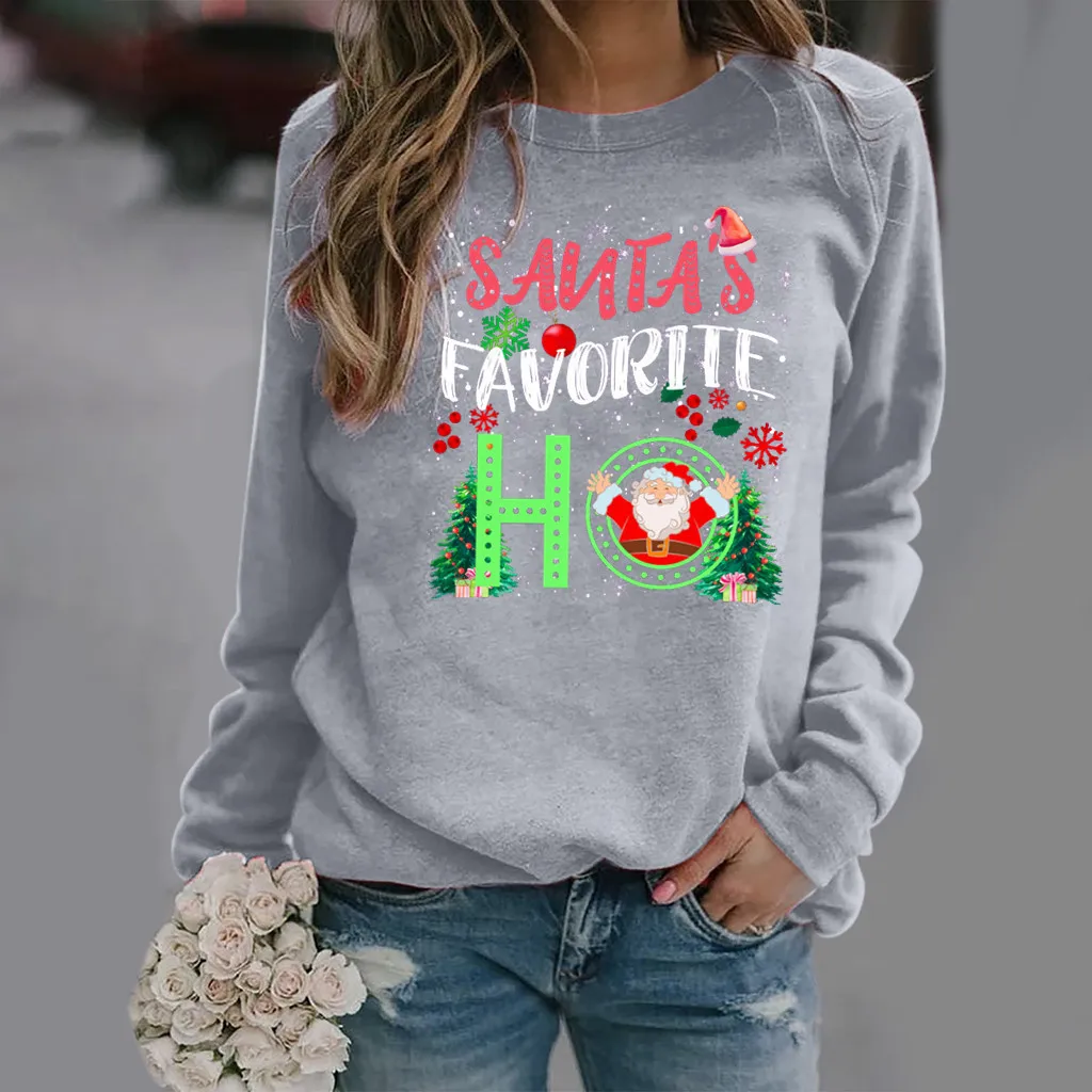 

Women Hoodie Christmas Santa Ho Ho Printed Hoodies Women Fleece Long Sleeve O Neck Loose Sweatshirt Girls Pullovers Winter