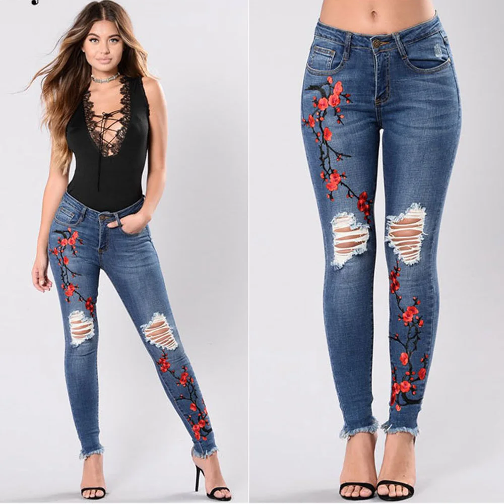 Women High Waist Casual Embroidery Jeans Y2k Distressed Hole Jeans Ripped Stretch Skinny Sexy Denim Pants Lady Pencil Pants Mom ripped hole fashion jeans women high waist skinny pencil denim pants elastic stretch embroidery sexy jeans women high street