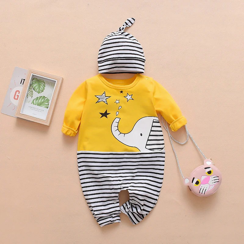 

2020 Fall/Winter New Hot Style Round Neck Striped Elephant Pattern Baby Romper One-Piece Crawling Suit